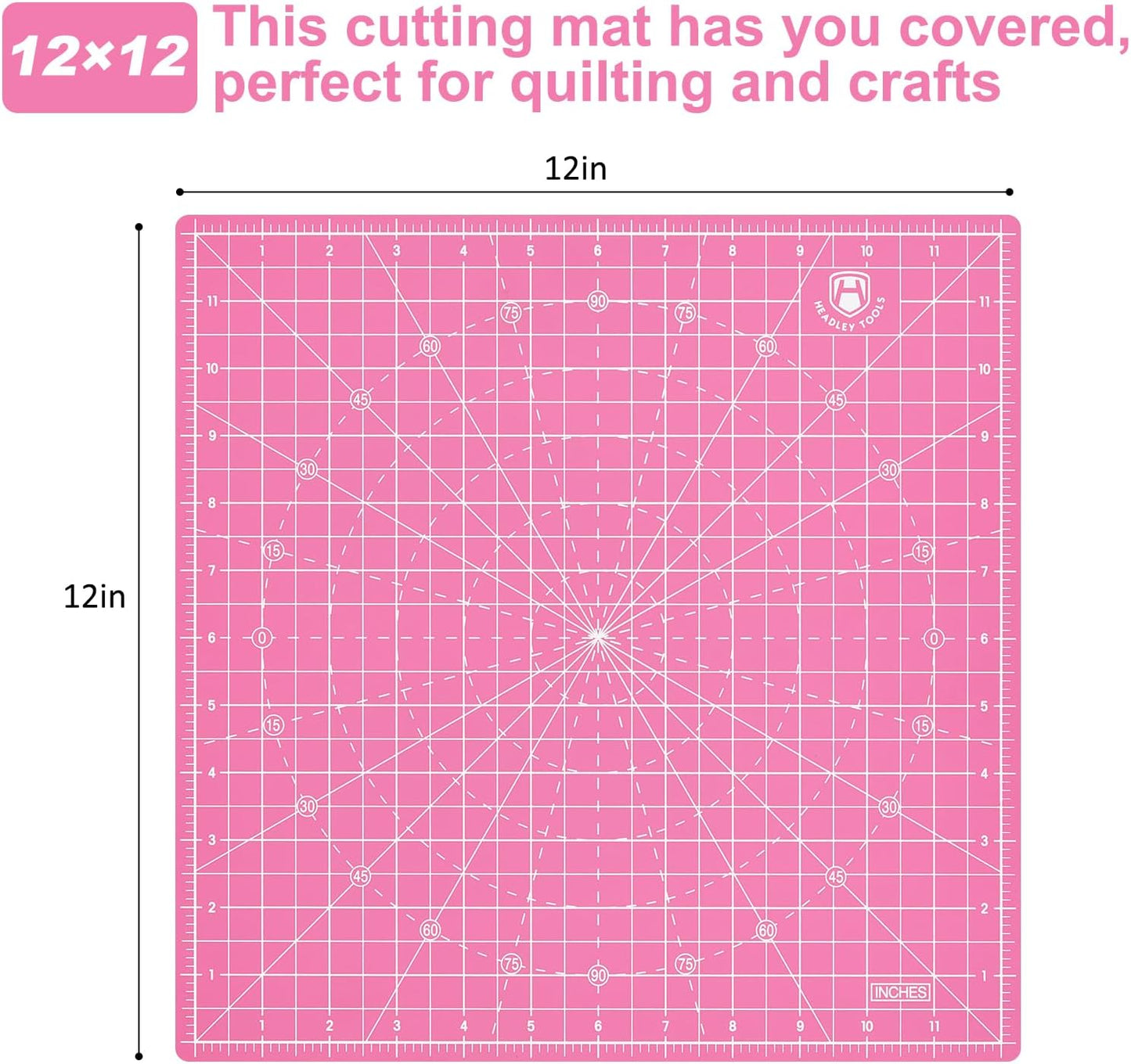 Headley Tools 12"x12" Rotating Cutting Mat, Self Healing Mat with 360-Degree Rotation & Anti-Slip Base, Sewing Board Cutting Mat Perfect for Fabric Quilting Leather Hobby Project，Pink