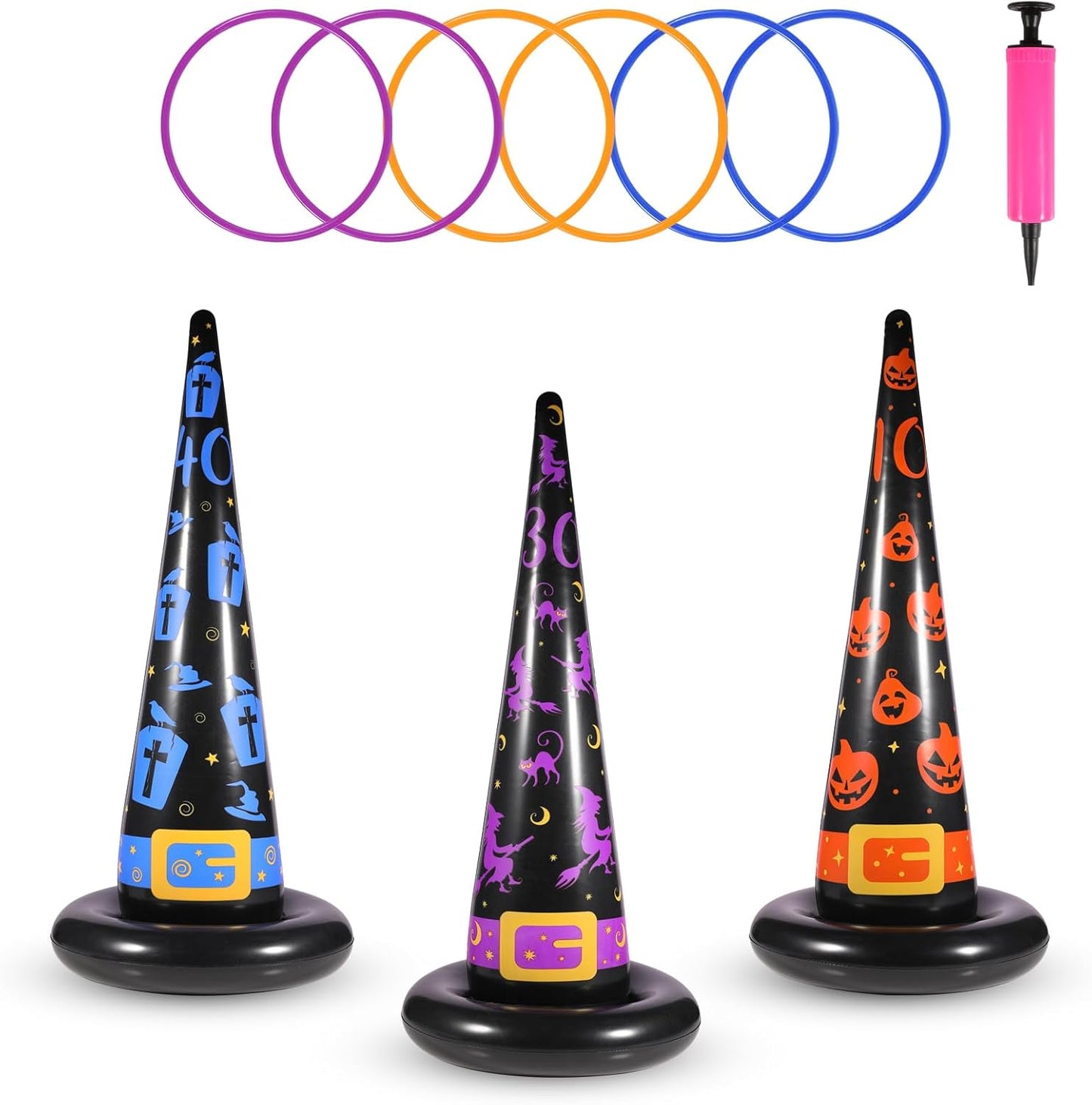 Halloween Ring Toss Game Set, 5Pcs Inflatable Witch Hats with 10Pcs Colorful Plastic Rings and Air Pump for Halloween Party Games Super Fun Indoor Outdoor Party Supplies