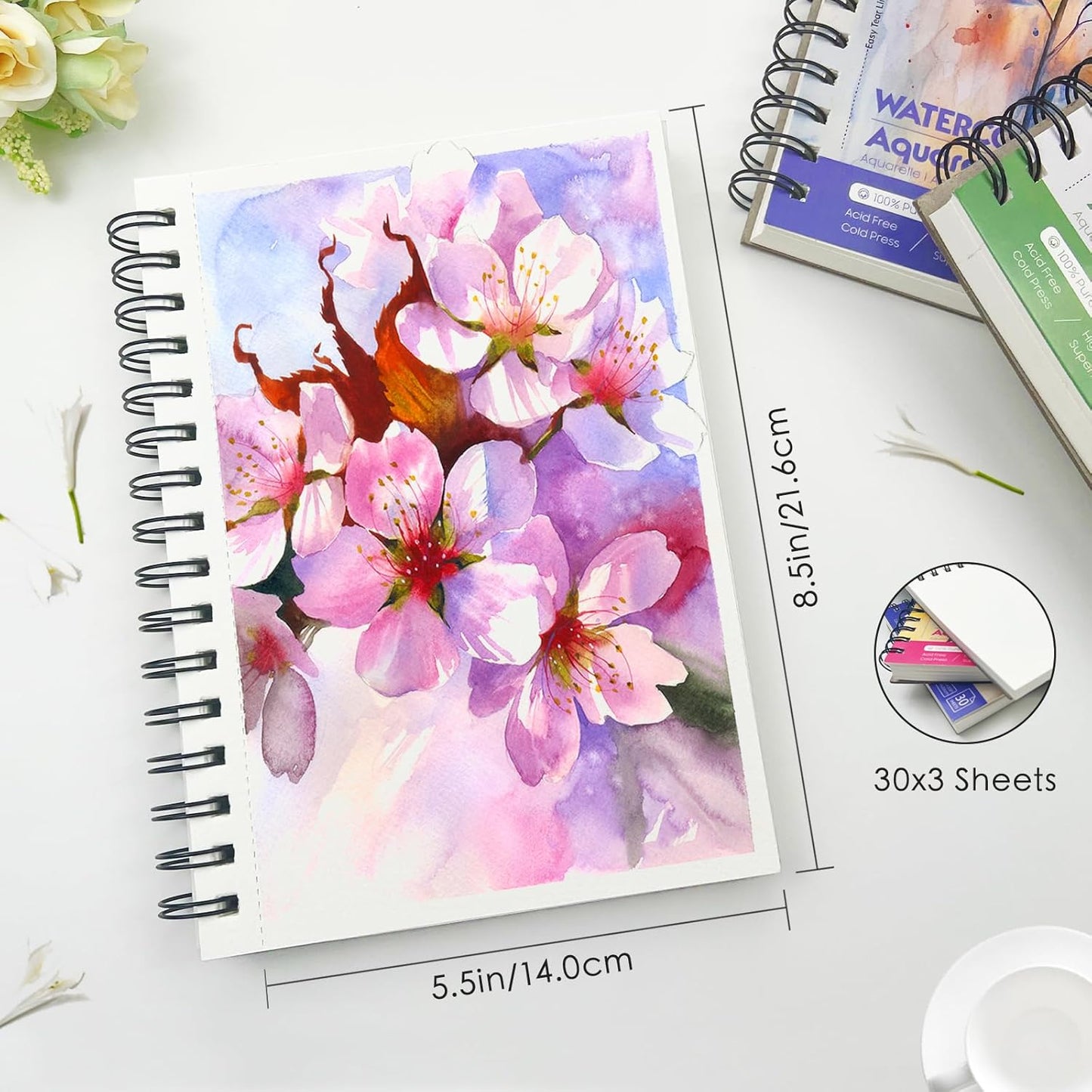 KOVIEDE 100% Cotton Watercolor Paper Pad - 3 Pack (90 Sheets) 5.5"x8.5" Cold Press, 140lb/300gsm Spiral Bound Watercolor Sketchbook, Artist Quality Art Journal Supplies for Adults, Kids & Beginners