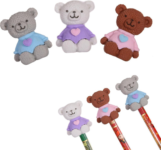 HILAZA 18Pcs Pencil Top Erasers for Kids, 3D Cute Bear Pencil Toppers, Bulk Fun Pencil Cap Easters for School Classroom Supplies Prize Gifts Party Favors