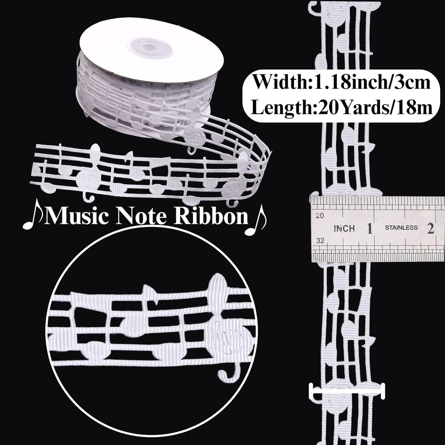 White Music Note Ribbon Grosgrain Ribbon Notation Craft Music Accessories Trim for Homecoming Mum Supplies Christmas (20 Yards/Roll)