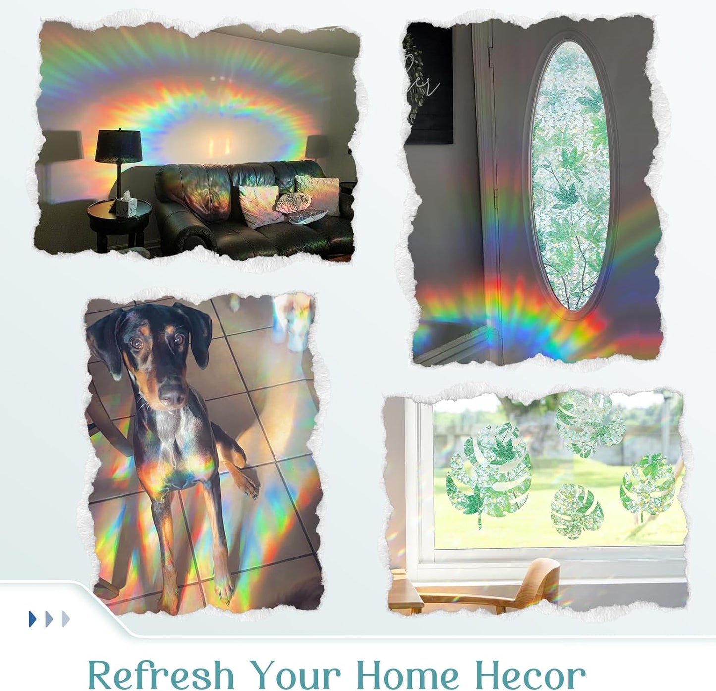 Haton Window Privacy Film, Decorative Stained Glass Window Clings, 3D UV Sun Blocking Sticker, Removable Static Cling Heat Control Tint for Home Door, Leaf Rainbow, 23.6" x 157.4" Non-Adhesive