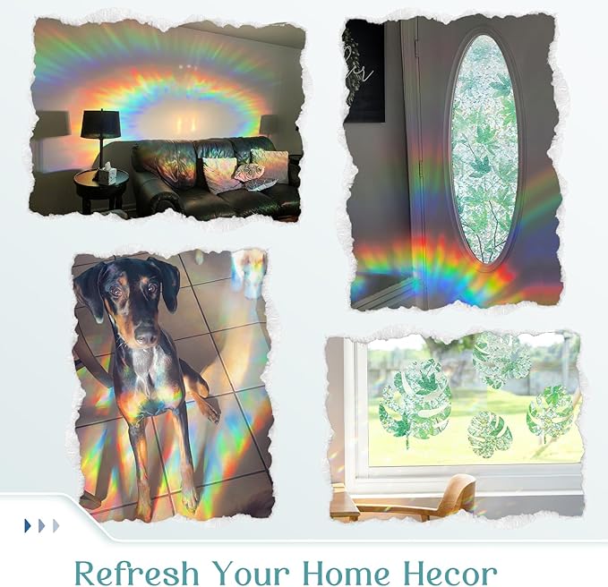 Haton Window Privacy Film, Rainbow Decorative Film, Stained Glass Window Clings, Static Cling UV Blocking Heat Control Tint Sticker for Home Door, Leaf Rainbow, 23.6" x 157.4" Non-Adhesive