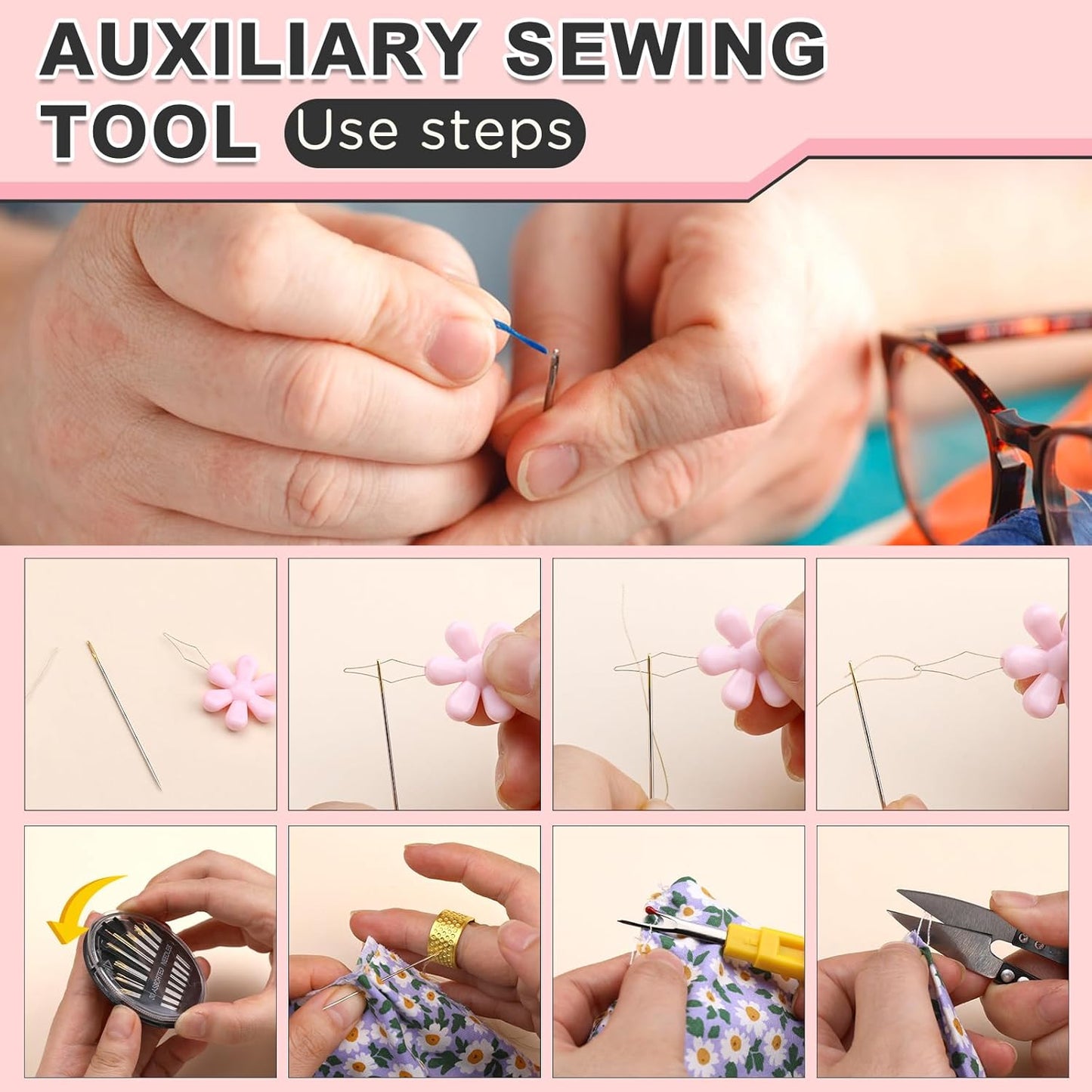 KAQRHFT 24 PCS Needle Threaders Kit, 4 Types Needle Threader with Embroidery Needles, Seam Ripper, Thread Snips, Thimble and Measuring Tape, Sewing Tool Kit for Hand Sewing