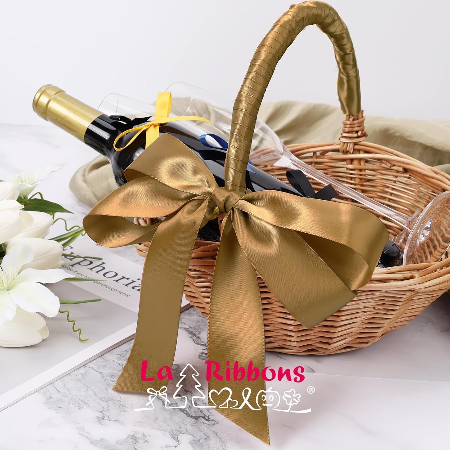 LaRibbons 1 Inch 50 Yard Double Faced Satin Ribbon,Pale Gold Satin Craft Fabric Ribbon for Gift Wrapping Floral Bouquets Wedding Party Decoration