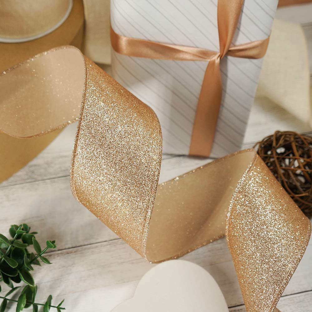 CT CRAFT LLC Glitter Wired Ribbon 2.5" x 10 Yards Gold (Champagne Gold) for Christmas Home Decor Bow Gift Wrapping DIY Crafts Wreath