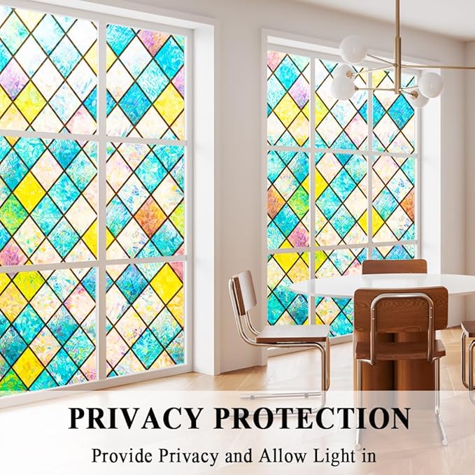 Colorful Stained Glass Window Film 3D Prism Sliding Door Privacy Covering Static Cling Church Tint Decorative Suncatcher Cover Decal No Glue Heat Cotrol Anti Glare Removable Home Office,35x157in.