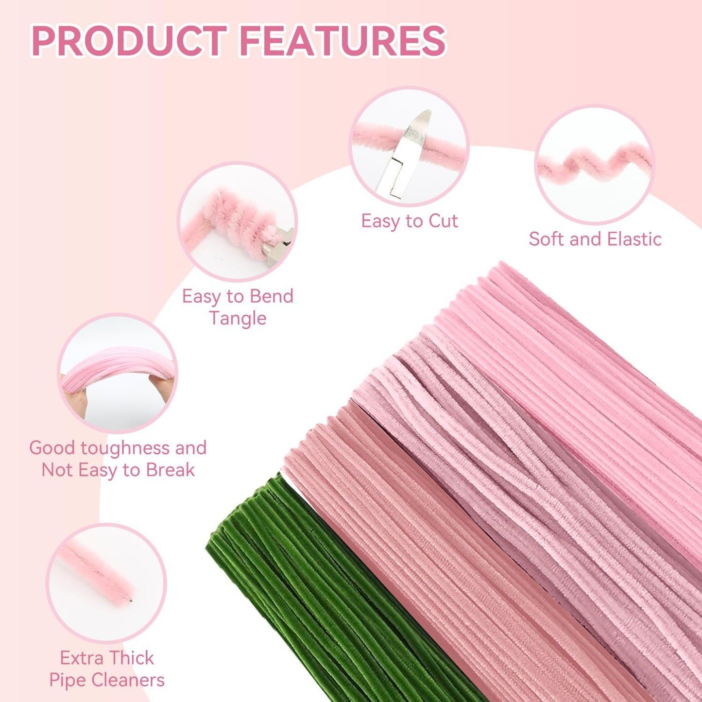 400PCS Pink Pipe Cleaners Bulk – 4 Colors Chenille Stems for Crafts, DIY Art Supplies, Fuzzy Sticks for Crafting Flowers, Wedding & Valentine's Day Decorations, Kids School Craft Kit