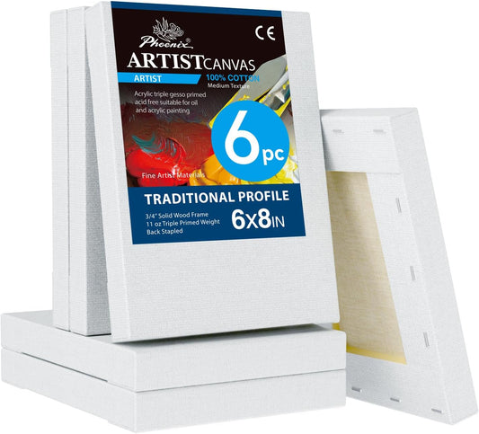 PHOENIX 6x8 Inch 6 Pack Artist Canvas - Small Stretched Canvases for Painting - 3/4 Inch Profile, 100% Cotton 11 Oz. Gesso Primed White Blank Professional Canvas Oil & Acrylic Paints