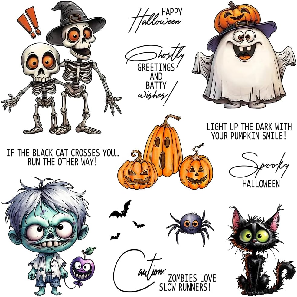 Halloween Clear Silicone stampReusable Stamp with Pumpkins, Skulls, Bats, Santa Claus, and Holiday Designs. Used for Making Cards, scrapbooks, and DIY templates (Halloween Skeleton)