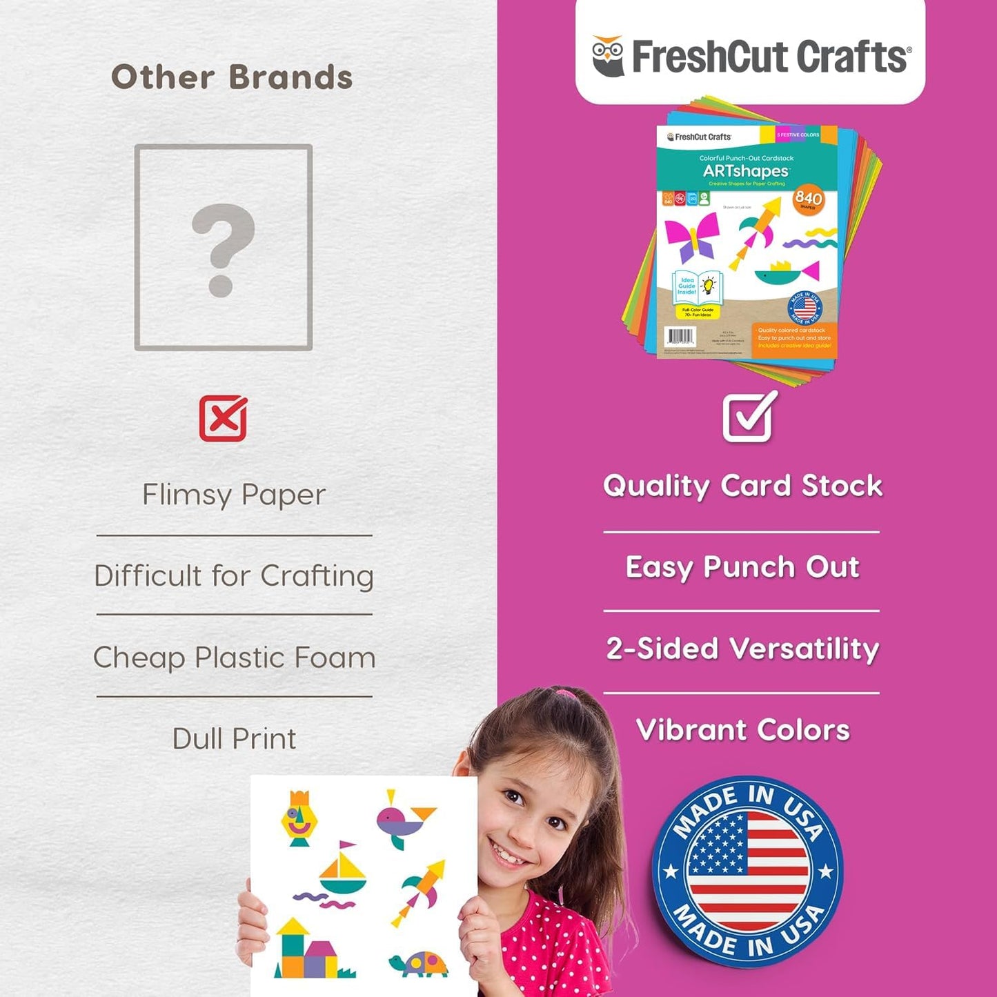 ARTshapes 840 pc Creative Paper Shapes Pack with 70+ Idea Guide - US Made Card Stock - Punch Out Funky DIY Craft Supplies for Whimsical Art Designs, Paper Crafts, and Pattern Play 5 Festive Colors