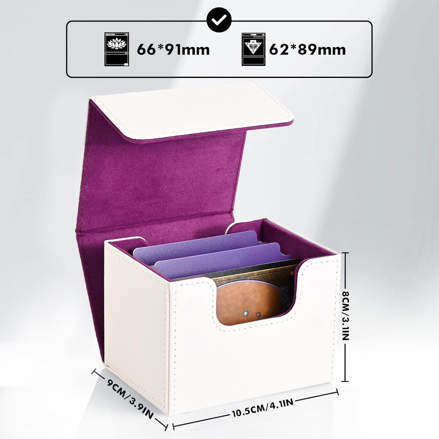 ZLCA Card Deck Box for Trading Cards, MTG Commander Deck Box Holds 120+ Single Sleeved, Leather Magnetic Card Storage Case Fits for TCG CCG Magic(White& Purple)