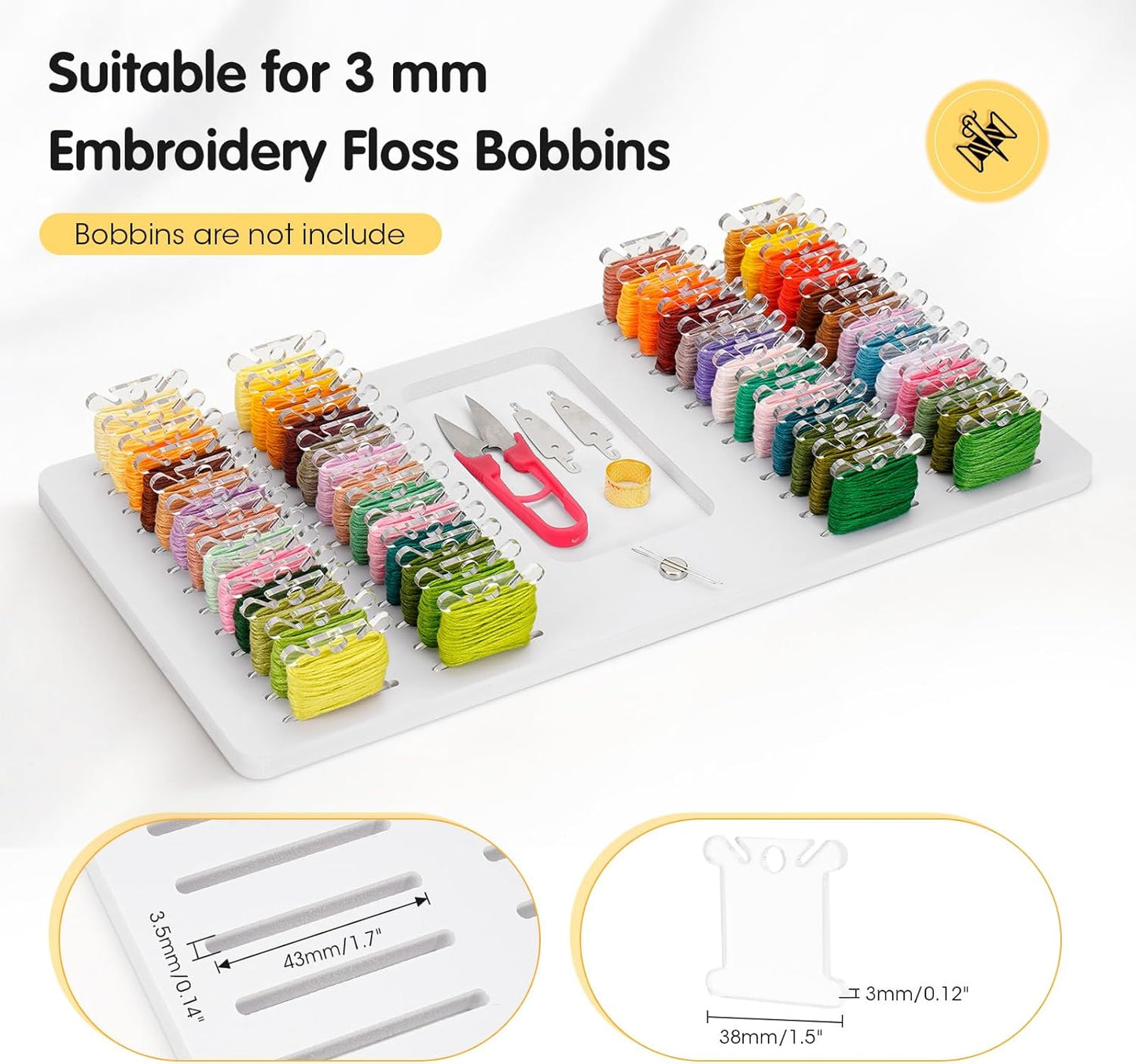 3mm Embroidery Floss Storage Organizer, 52-Slot Bobbin & Tools Tray with Magnetic, Embroidery Thread Organizer Holder for Cross Stitch Storage (Bobbins are Not Include)