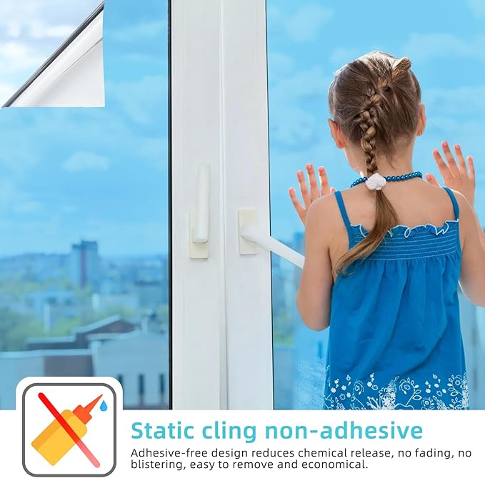 Filmgoo Window Privacy Film One Way Daytime Mirror Tint Treatments UV Heat Control Vinyl Stickers Sun Block Glass Paper Door Covering Reflective (Light Blue Silver, 17.5 Inch x 15.7 Feet)