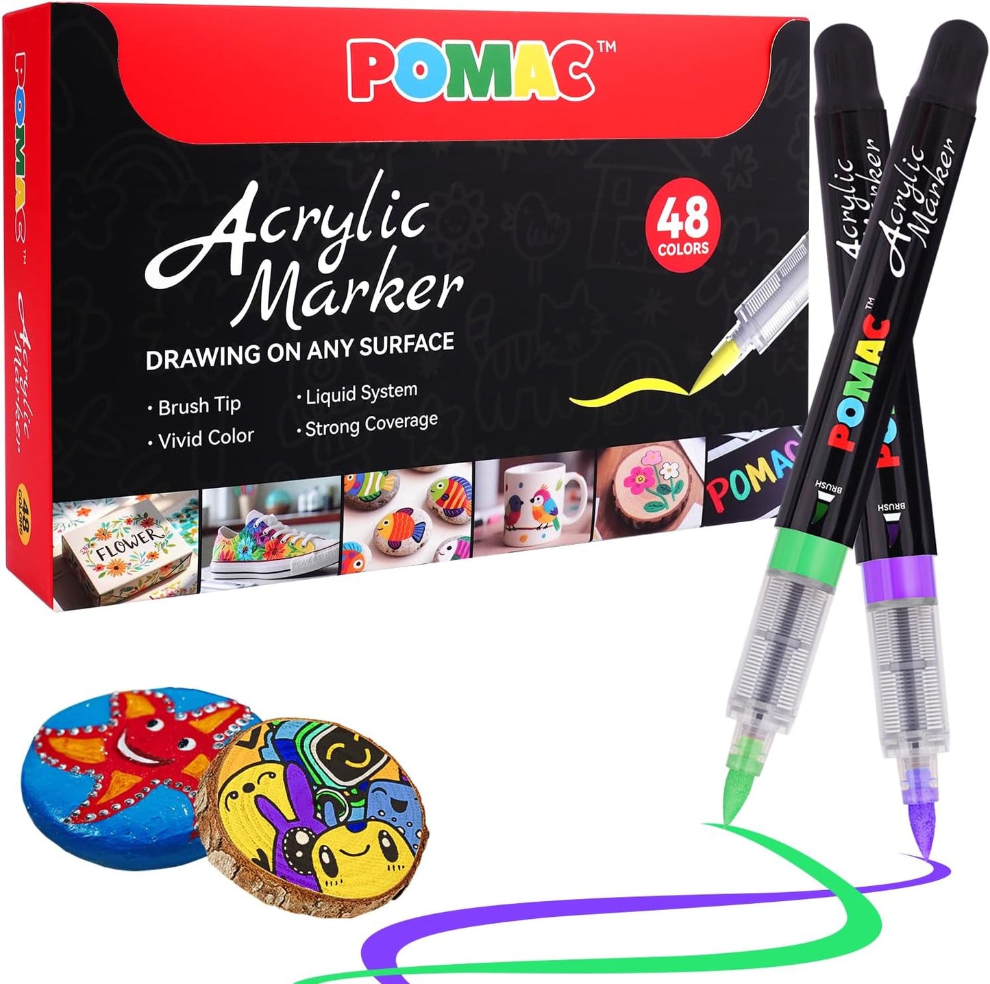 POMAC 48 Colors Acrylic Paint Markers, Water-Based Acrylic Pens Brush Tip, Art Drawing Liquid Paint Pens for Fabric, Canvas, Rock, Glass, Wood, Paper, DIY Crafts and Art Supplies