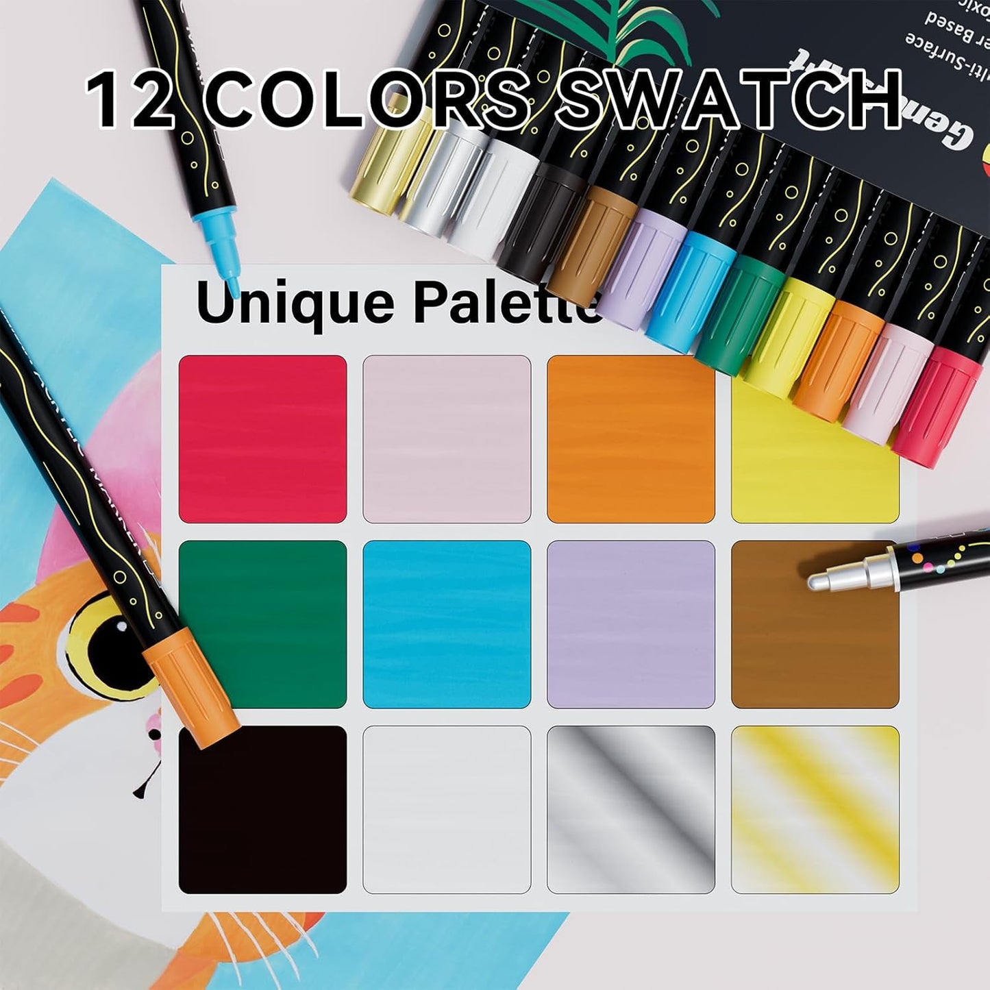 12 Colors Acrylic Paint Pens, Acrylic Paint Markers Dual Tip, with Dot Tip and Fine Tip, Acrylic Markers for Rock Painting, Wood, Canvas, Fabric, Paper, DIY Crafts Making Art Supplies (12)