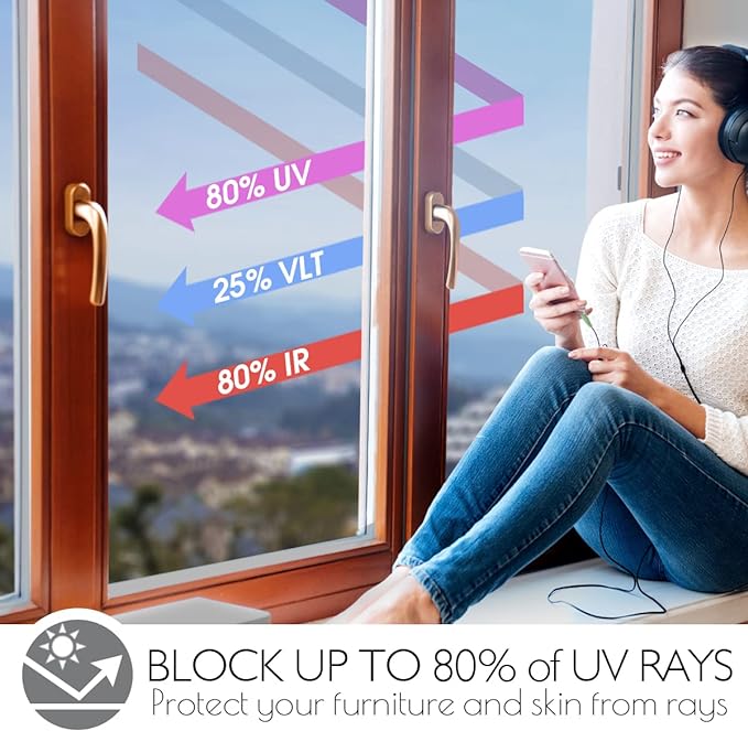 HIDBEA One Way Window Film Non-Adhesive, Heat Control Sun Blocking Daytime Privacy Glass Films, Reflective Self Static Cling Mirror Window Tint for Home (Silver, 35.4 Inch x 16.4 Feet)