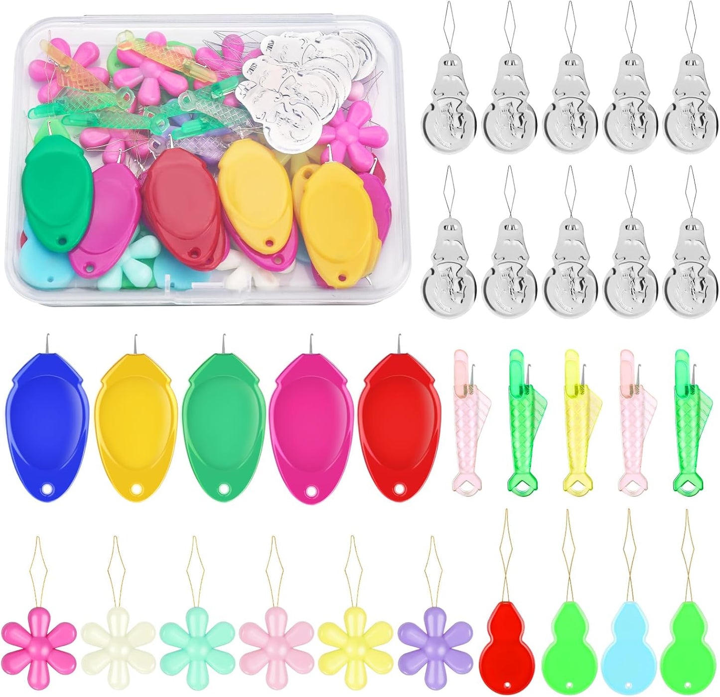 KAQRHFT 50 PCS Needle Threaders, Fish Mouth Sewing Machine Needle Threader, 5 Types Simple Needle Threader Tool for Needle Work, Sewing Machine, Embroidery Floss with Clear Storage Box