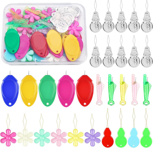 KAQRHFT 50 PCS Needle Threaders, Fish Mouth Sewing Machine Needle Threader, 5 Types Simple Needle Threader Tool for Needle Work, Sewing Machine, Embroidery Floss with Clear Storage Box