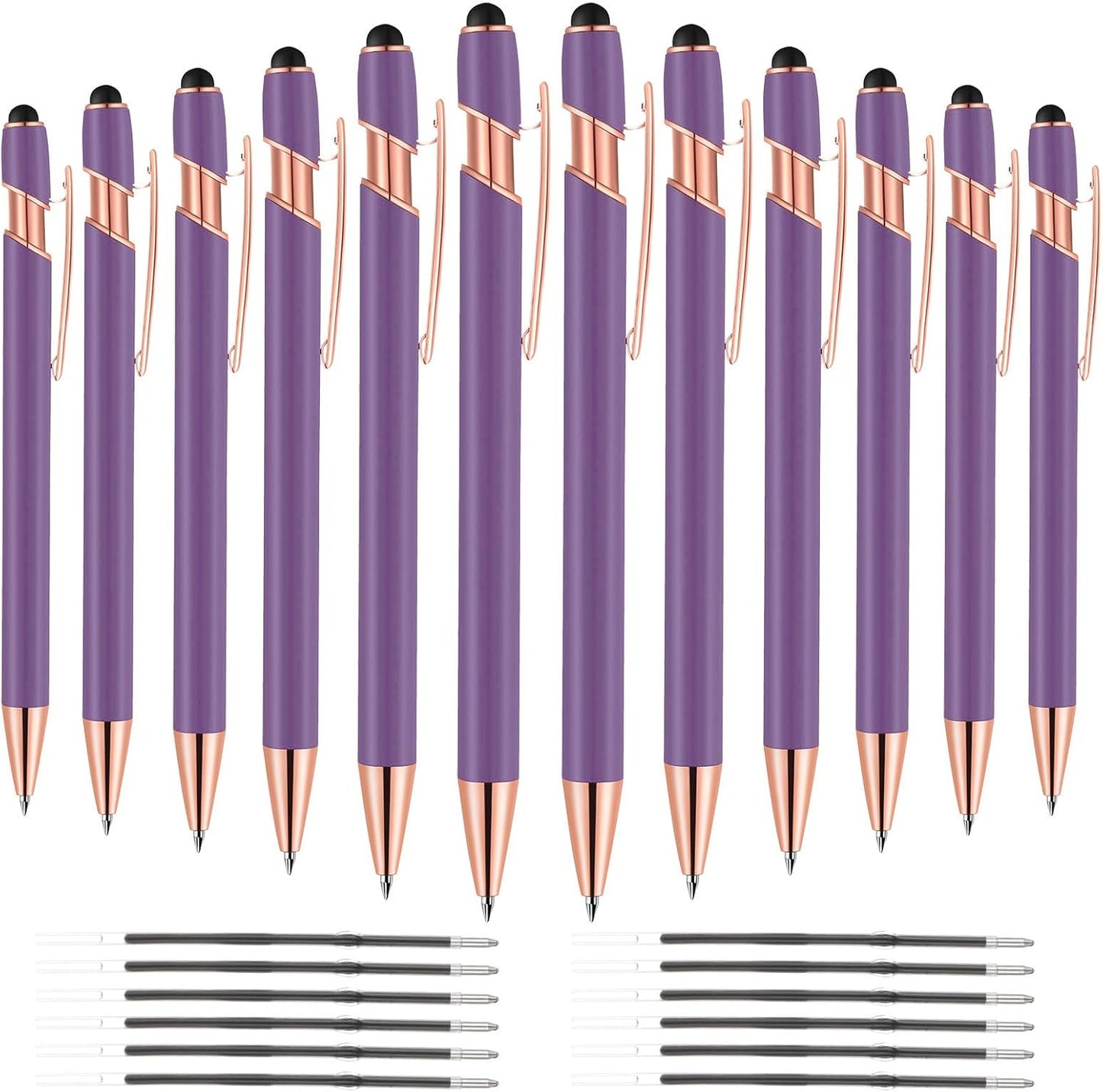 12 PCS 2 in 1 Stylus Ballpoint Pen with Stylus Tip, 1.0 mm Black Ink Metal Pen Stylus Pen for Touch Screens (Light Purple)
