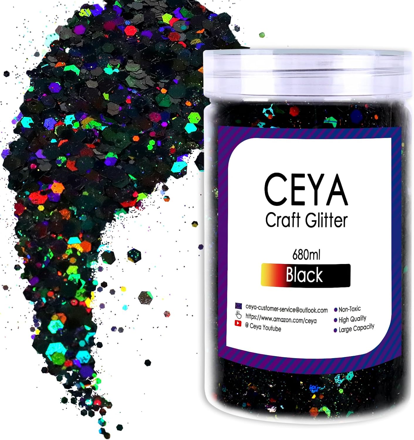 Ceya Holographic Chunky Glitter, 1 LB/ 16OZ Laser Black Bulk Craft Glitter Mixed Chunky Fine Glitter Bottled Metallic Flake Nail Sequins for Resin, Tumblers, Scrapbooking, Festival Decor, Art Project