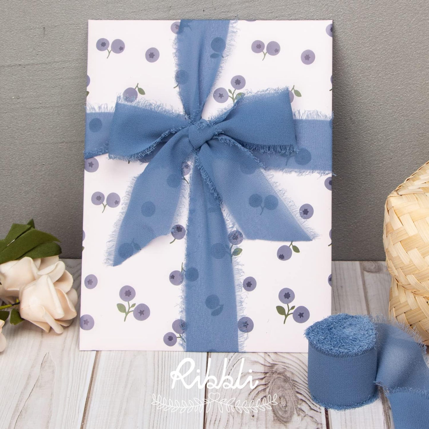 Ribbli Dusty Blue Chiffon Ribbon 1-1/2 inch x 20 Yard Handmade Fringe Chiffon Silk Ribbon for Wedding Invitations, Bridal Bouquets Wrapping, Flower Arrangement Decoration