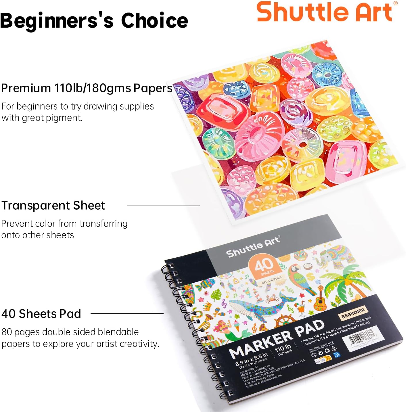 Shuttle Art Marker Pad, 8.9”x8.3” Portable Sketchbook, 40 Sheets Marker Drawing Paper, 110LB/180GSM Smooth Surface Bleedproof Art Paper, Spiral-Bound, Great for Beginners to Draw, Paint & Sketch
