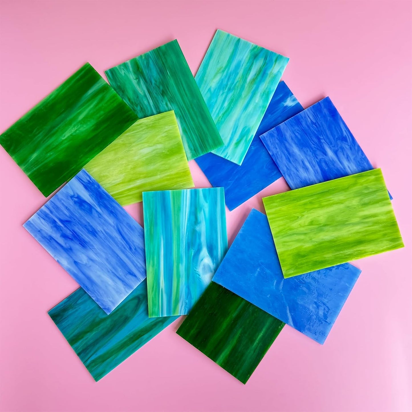 ILLUCKAI 12 Sheets Blue+Green Stained Glass Sheets Variety Pack, 6 x 4 inch Stained Glass Kit Supplies for Mosaic Glass Projects