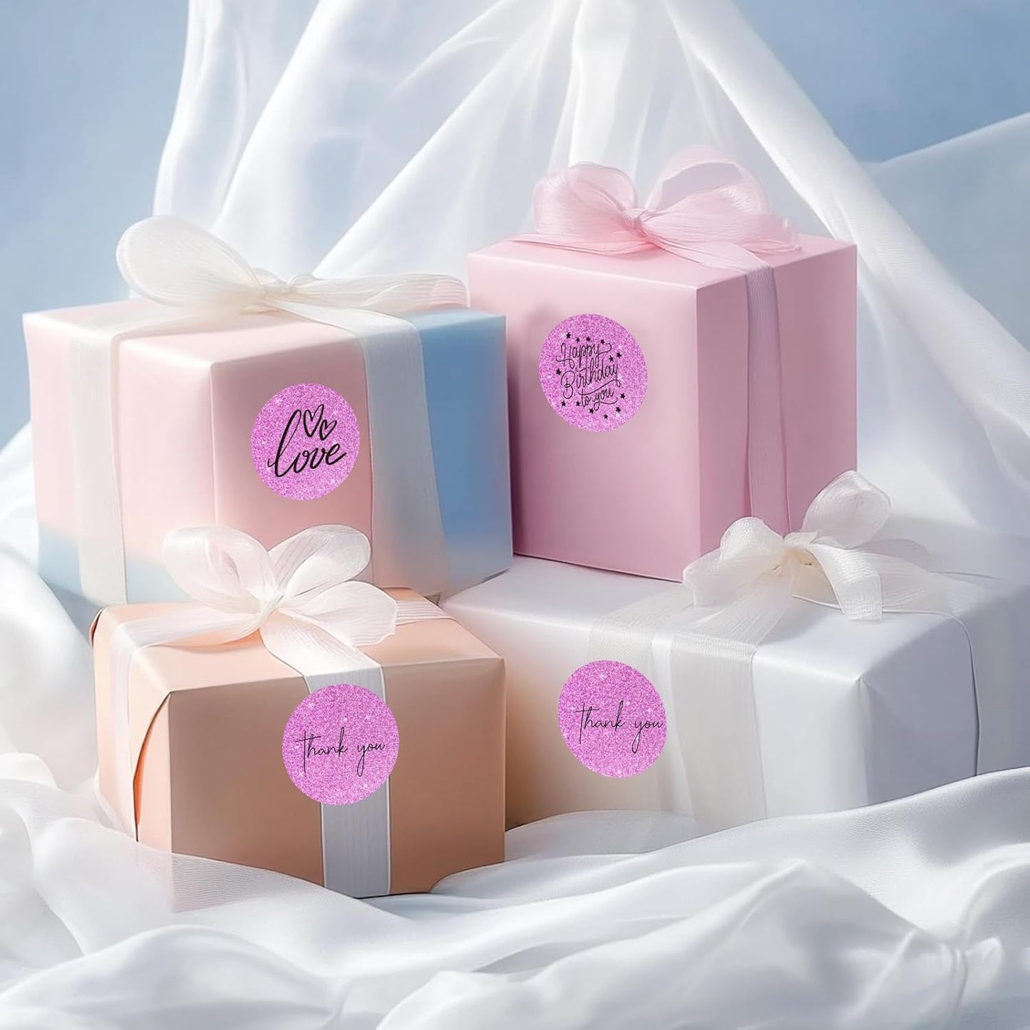 1.5" Holographic Direct Thermal Label Stickers, Round Printable Rainbow Glitter Thermal Printer Sticker Labels for Gift Wrapping, Self-Adhesive DIY Custom Logo Design- Glitter Pink