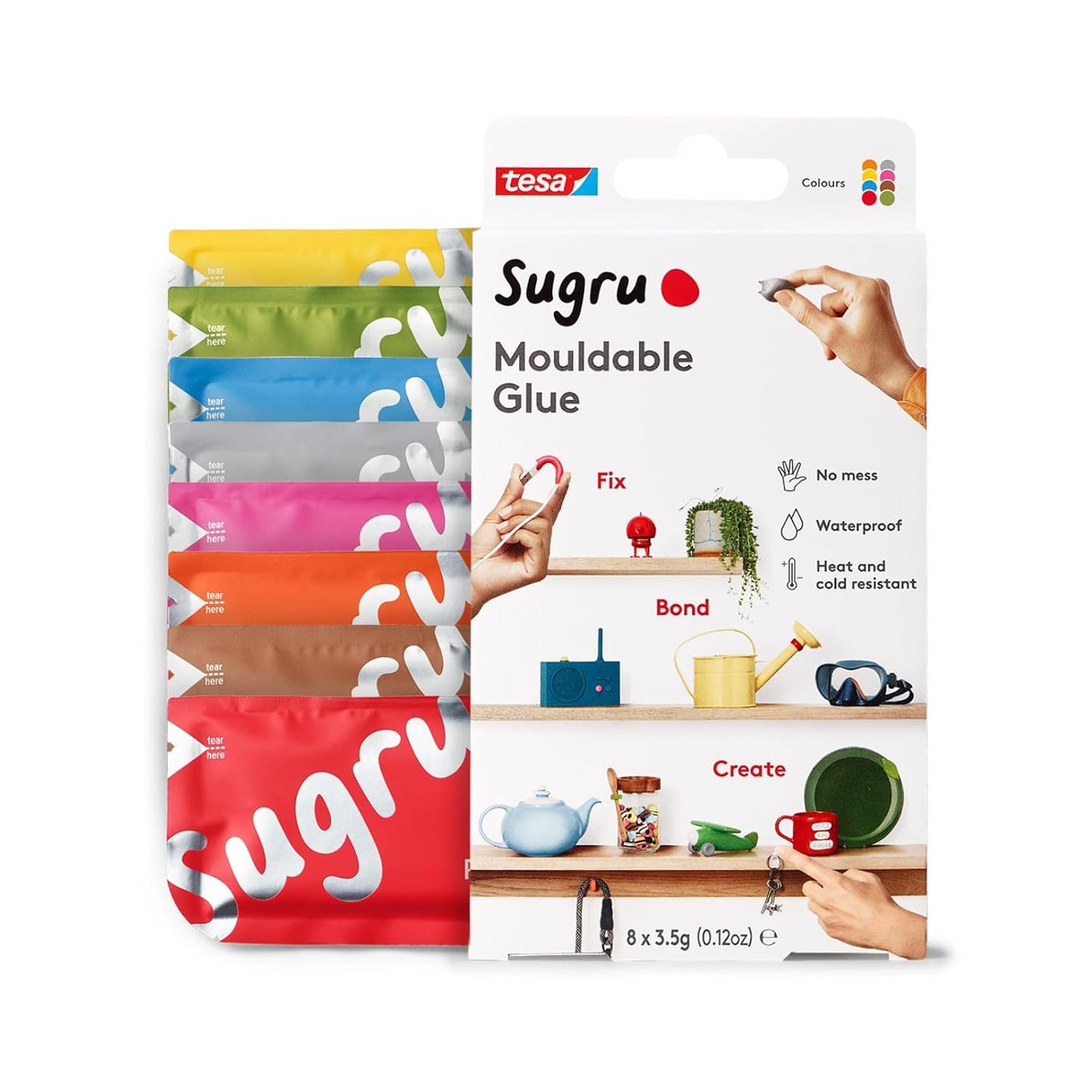 Tesa Sugru Super Glue - Waterproof Wood Glue for Home Improvement & Crafts - Use as a Poster Putty or Silicone Adhesive for Repairing & Bonding - 8 Pack - Multicolor (3.5g/ea)