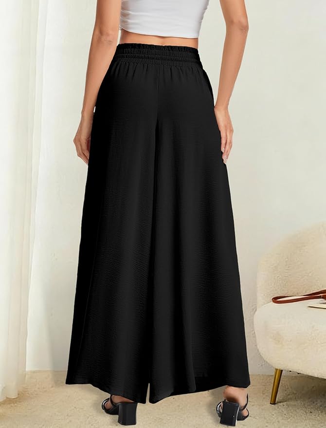 Women’s Wide Leg Pants Drawstring Elastic Waist Casual Trousers Lightweight Loose Lounge Pants with Pockets