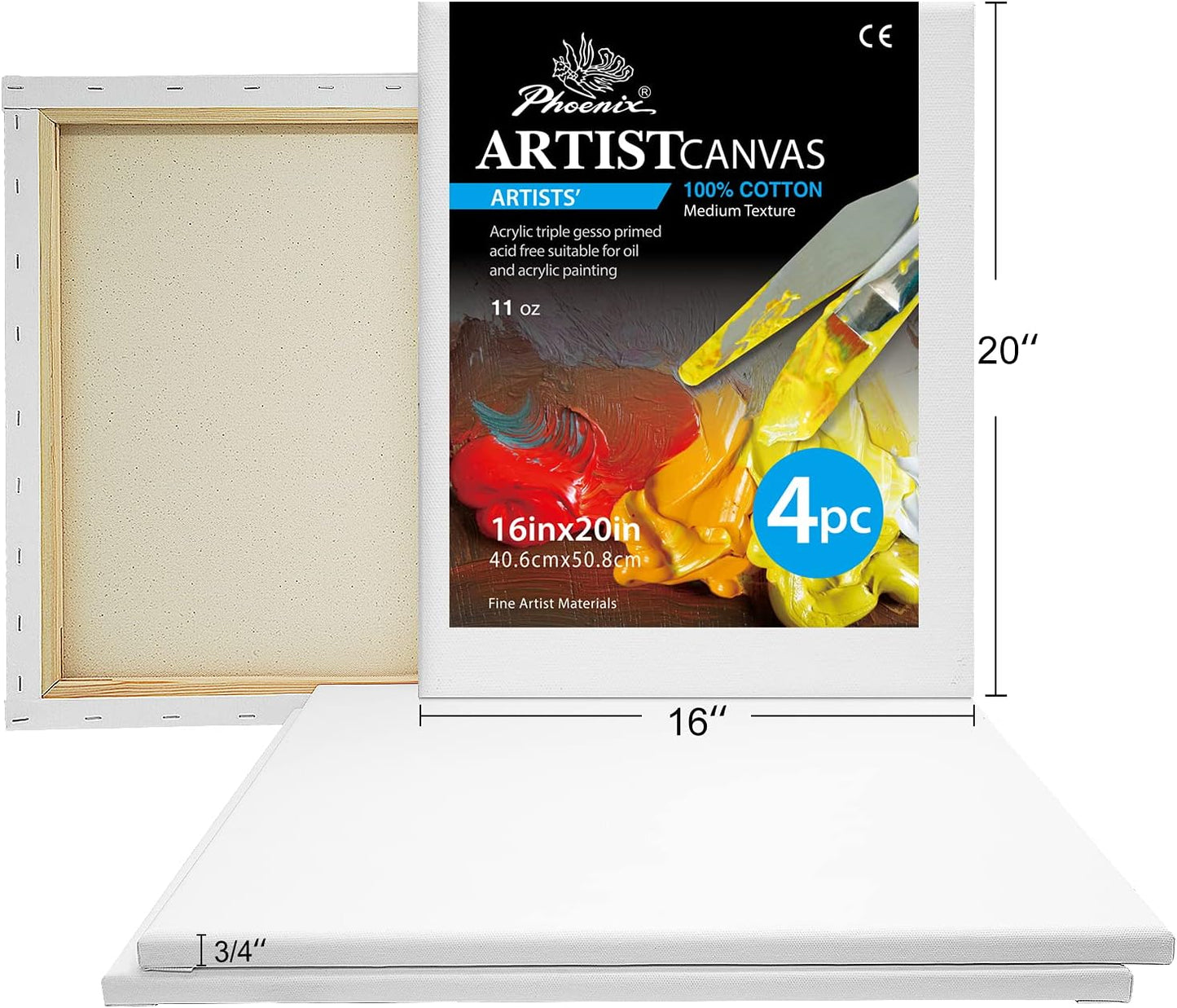 PHOENIX Professional Stretched Canvas for Painting - 16x20 Inch/4 Pack 3/4 Inch Profile, 100% Cotton 11 Oz. Heavy Duty Gesso Triple Primed White Blank Artist Canvases for Oil & Acrylic Paints