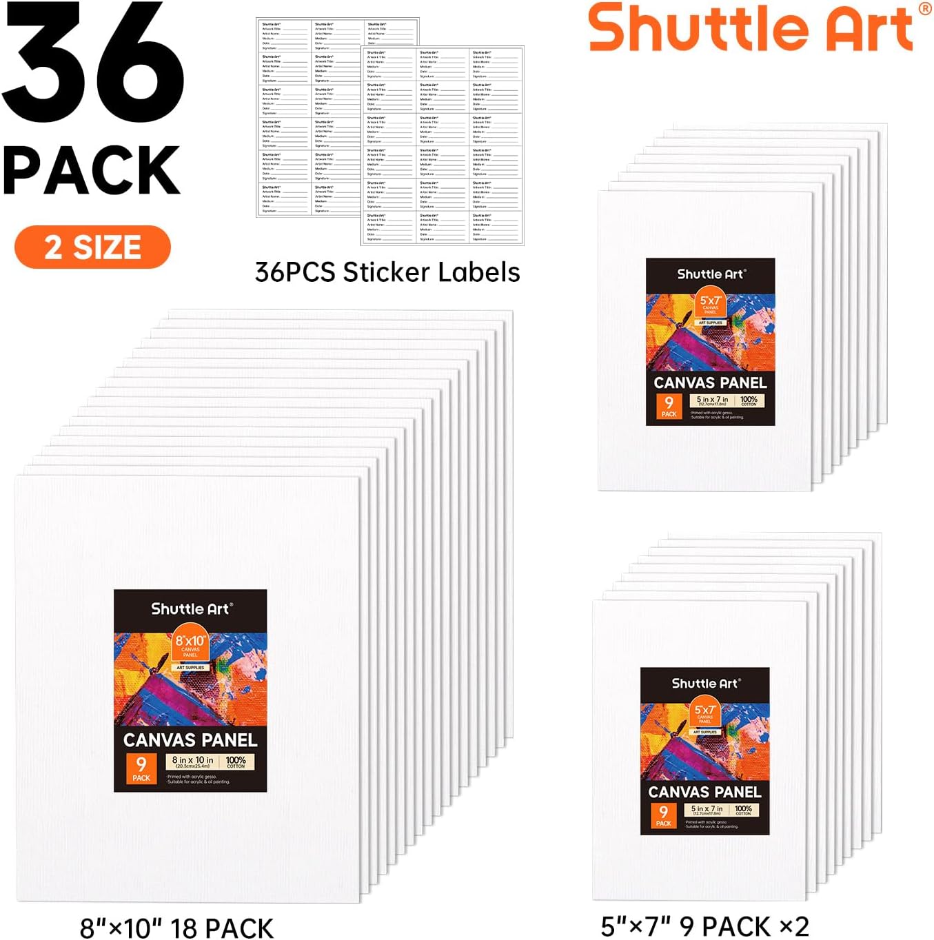 Shuttle Art Painting Canvas Panels, 36 Pack, 5x7, 8x10in (18 of Each), 100% Cotton, Primed White Canvas Boards for Painting, Blank Canvases for Kids, Adults & Artists for Acrylic and Oil Painting