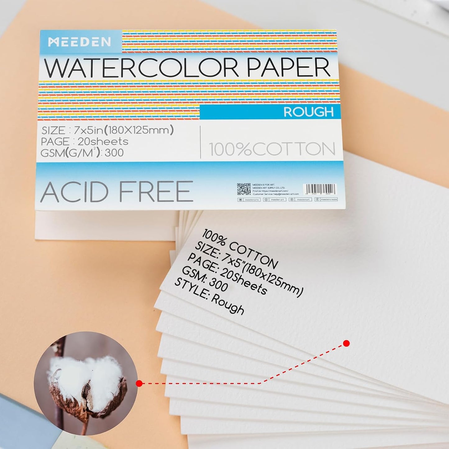MEEDEN Watercolor Paper Block, 100% Cotton Watercolor Paper Pad of 20 Sheets, 140lb/300gsm, Acid-Free Art Paper for Watercolor, Gouache, Ink and More, 5" x 7" Rough Grain