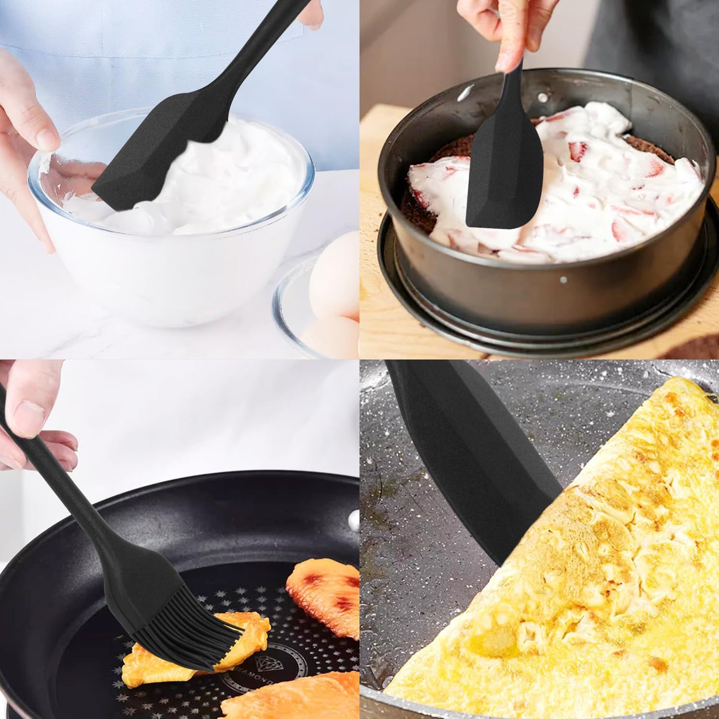 Silicone Spatulas Set of 6, Rubber Spoon Spatula Heat Resistant Spoonula One Piece Design Seamless Spatula Non-Stick Scrapers Baking Mixing Tool (Black)