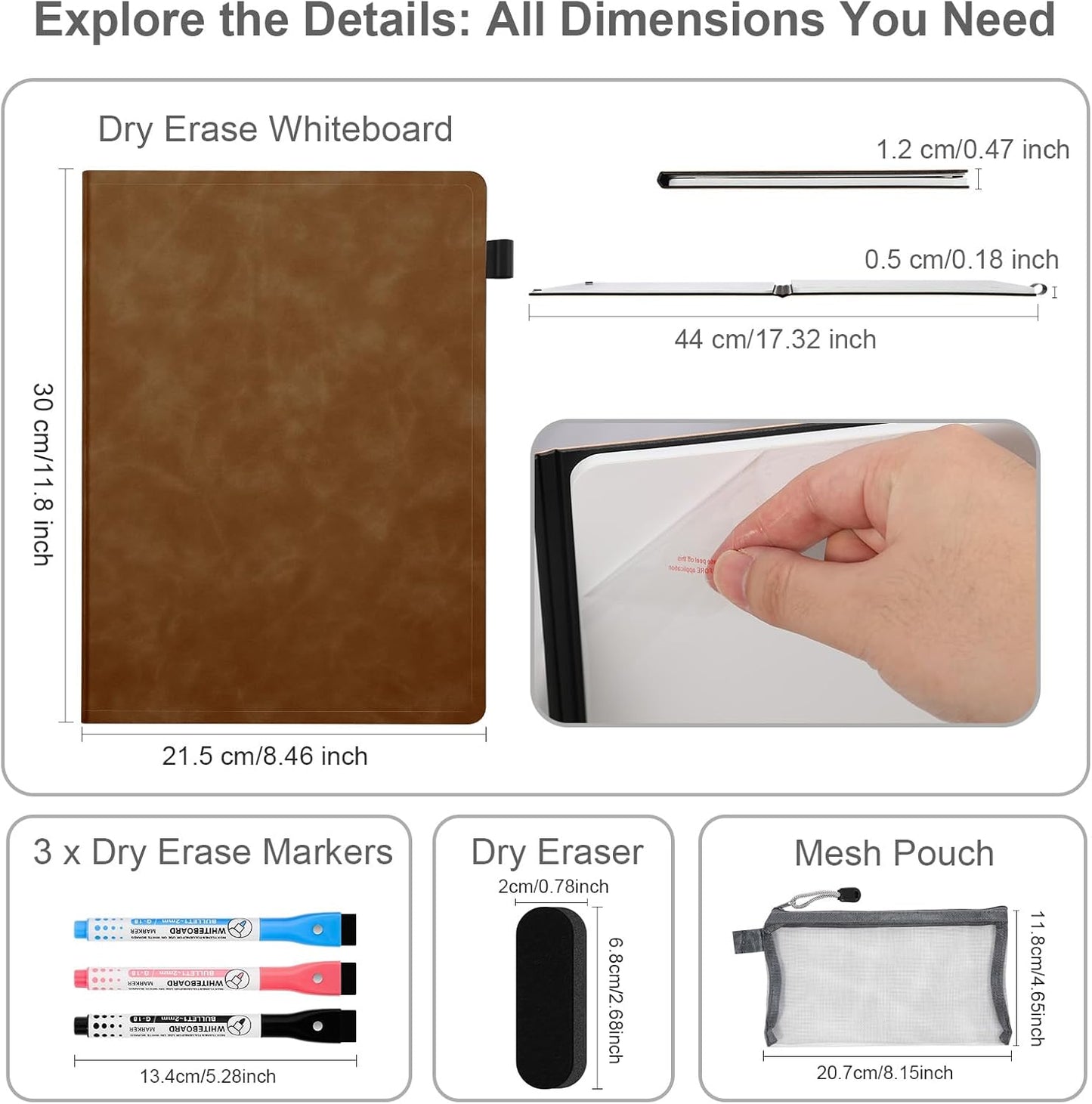 AGM Portable White Board Dry Erase Notebook, 12" x 9" Double Sided Folding Whiteboards with 3 Pens, Small Travel Dry Erase Board Skin-Friendly Material for Study, Meeting, Planning, Brown