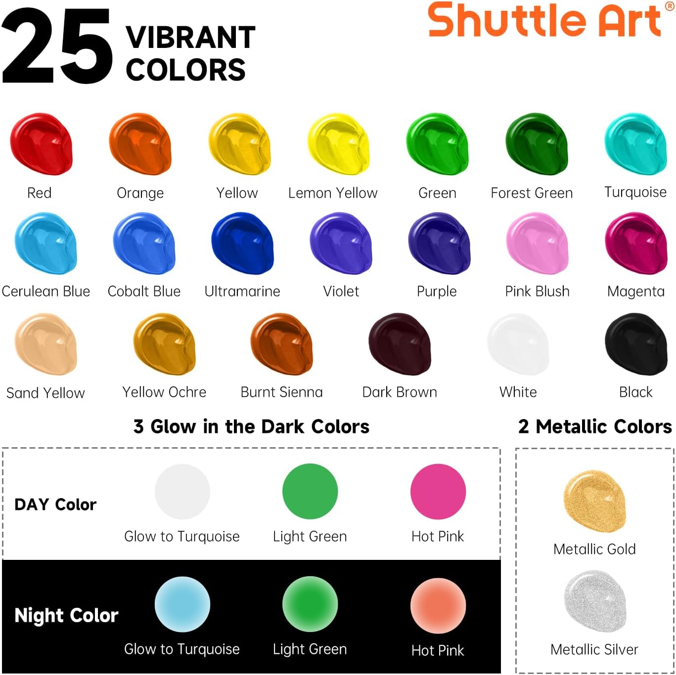 Shuttle Art 25 Colors Outdoor Acrylic Paint Set, 2oz/60ml Waterproof Acrylic Paint with 10 Brushes 1 Palette, Rich Pigmented Paints for Artists, Beginners on Rocks, Wood Crafts, Garden Statues