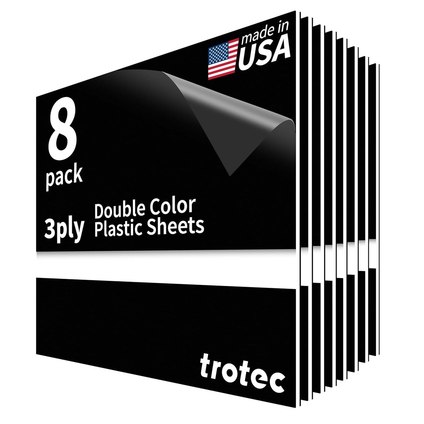 Trotec TroLase | 12"x12"x1/16", 8 Pcs | Black/White/Black | 3 Ply | Modified Acrylic | Laser Engraving Double Color Plastic Sheet | Engraving Blanks for Laser, Saw, Guillotine | Made in USA