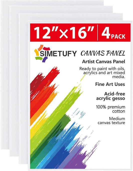Simetufy 4 Pack Flat Canvas Boards for Painting 12x16 inch Canvas Panels, Gesso Primed Acid-Free 100% Cotton for Acrylics Oil Watercolor Tempera Paints
