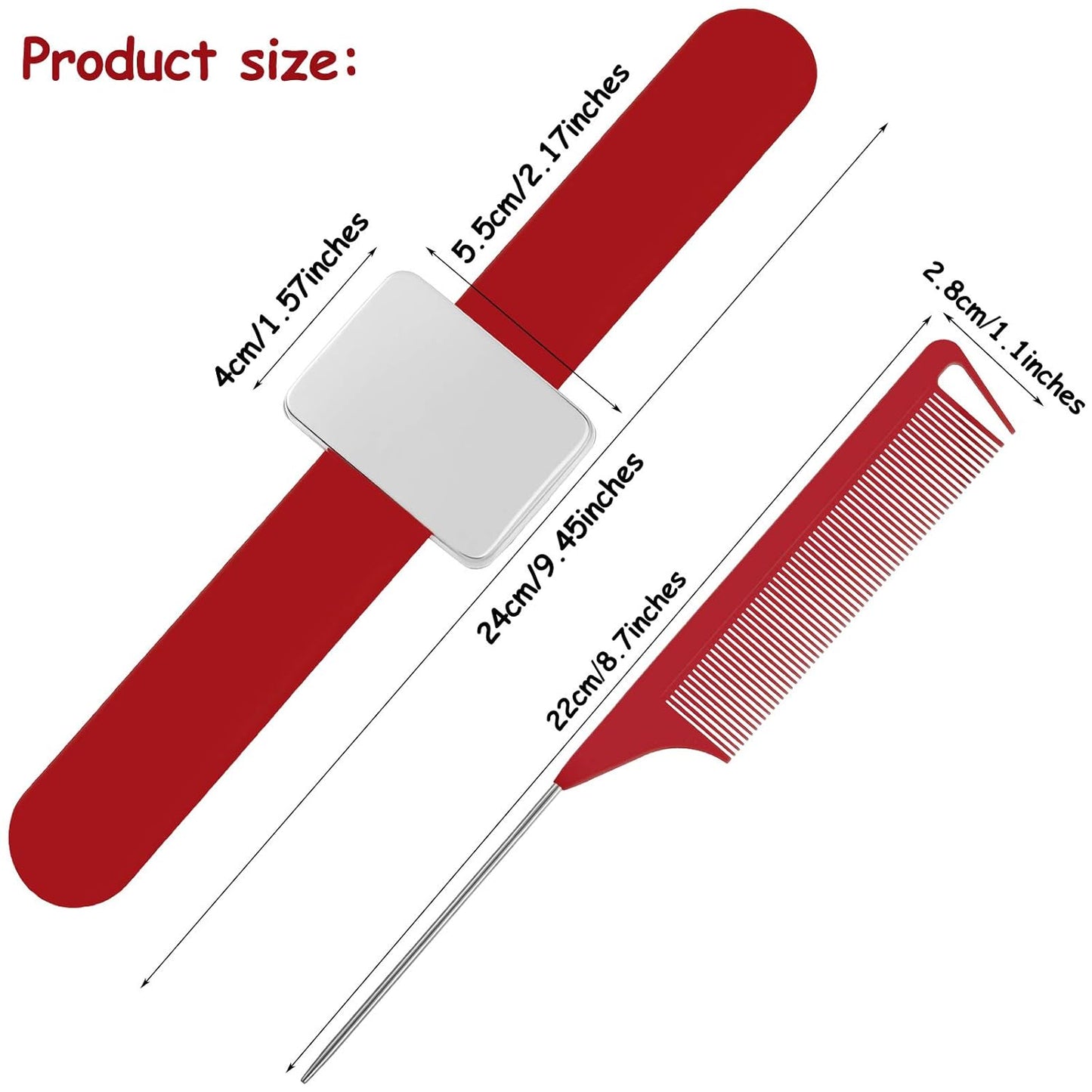 WILLBOND Magnetic Wrist Sewing Pincushion Wrist Magnetic Pin Holder Wristband Pin Cushion Holder with 3 Pcs Stainless Steel Pintail Comb Rat Tail Comb for Hair Clips Hand Sewing(Red)