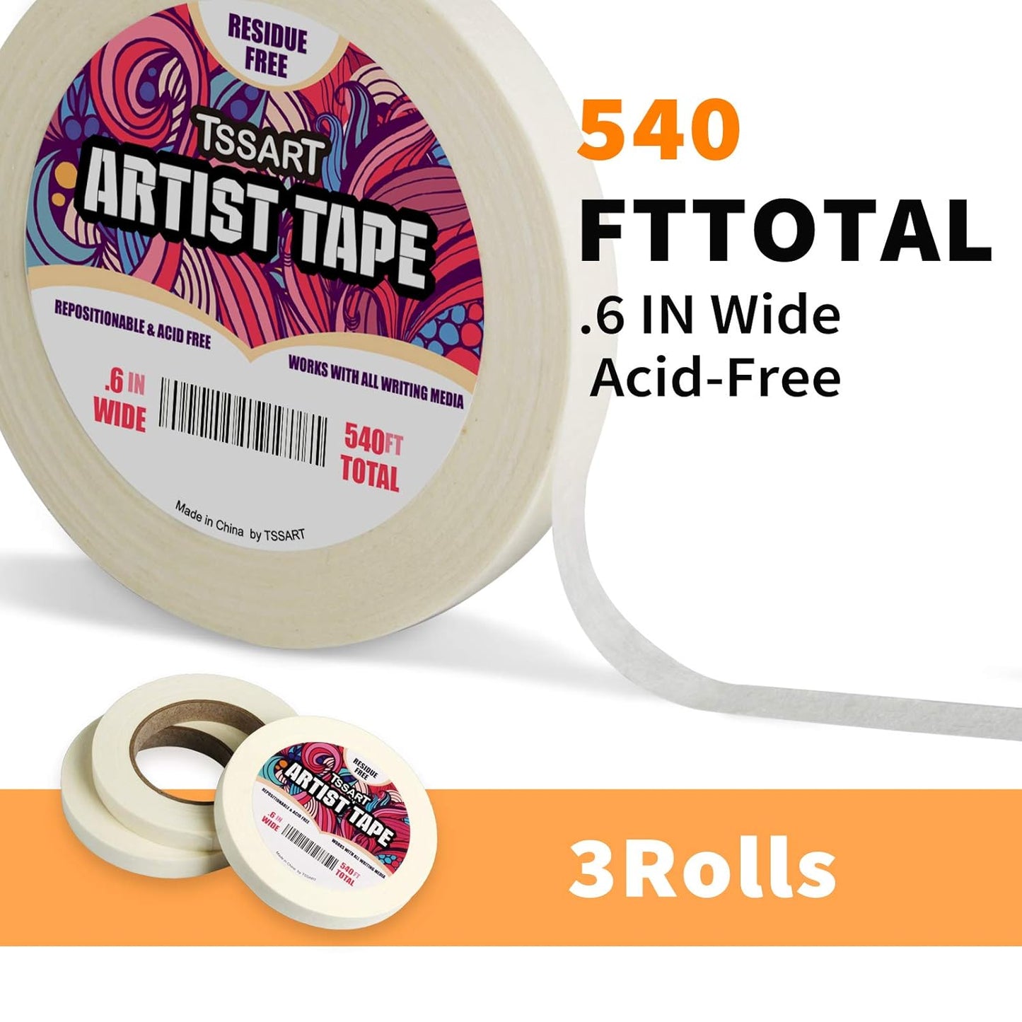 3 Pack White Artist Tape - Masking Artists Tape for Drafting Art Watercolor Painting Canvas Framing - Acid Free 0.6inch Wide 540FT Long Total