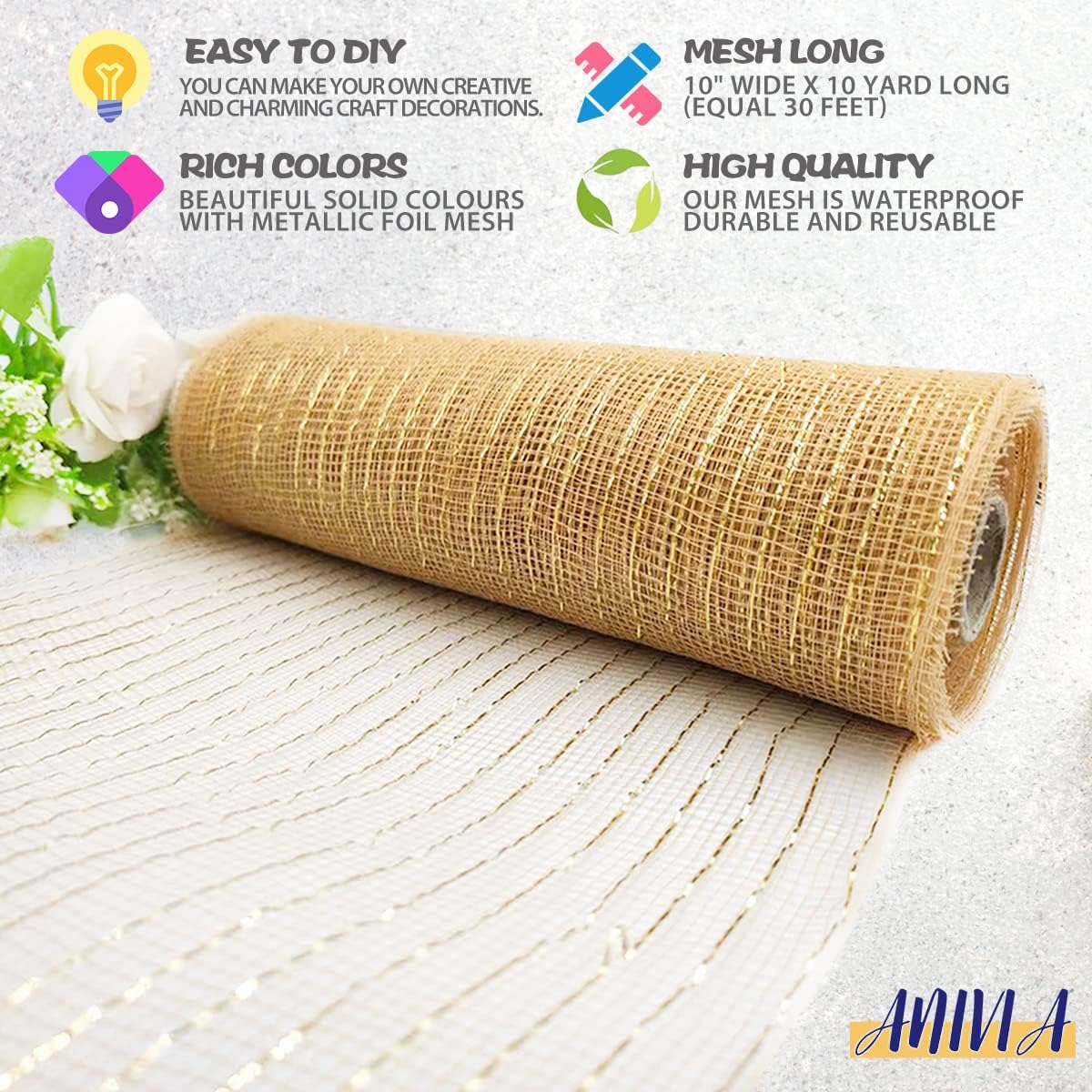 Anivia Deco Mesh Ribbon, 10inch x 30 Feet Each Roll Metallic Foil Mesh Ribbon for Wreaths Swags, Holloween, and Christmas Tree Decoration (Natural)