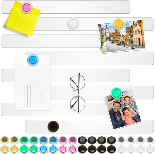 Wukong 8 Pack | 30x3cm(11.81 x 1.18) Magnetic Stainless White Boards Strips, Adhesive Backing Bulletin Bar Board, Memo Board with 32Pcs Colorful Magnets for Office, Home, Photo Wall, Documents