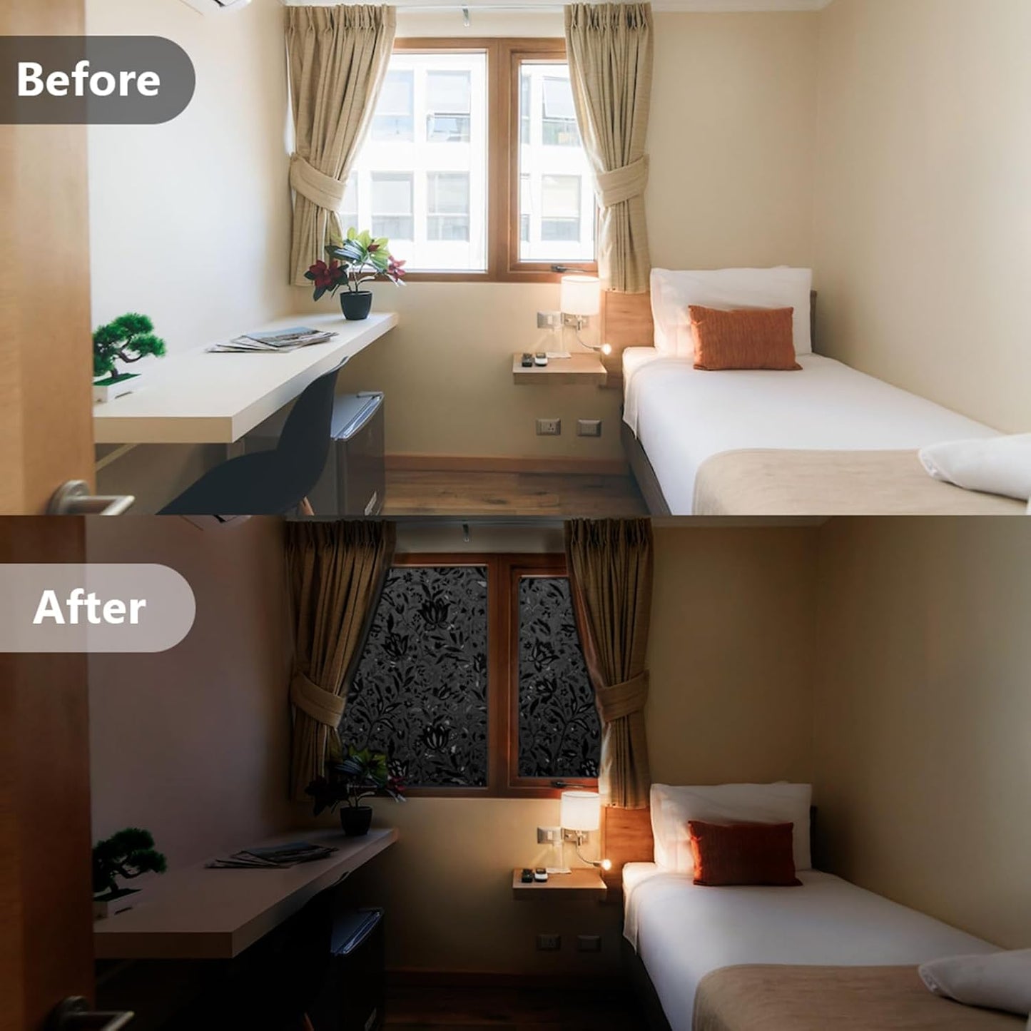 LEMON CLOUD Total Blackout Window Film Privacy Static Cling Frosted Black Window Covering 100% Opaque Film Tint Darkening Removable Film for High Privacy，(Blackout Tulip Design,35.4 x118.1 inches)