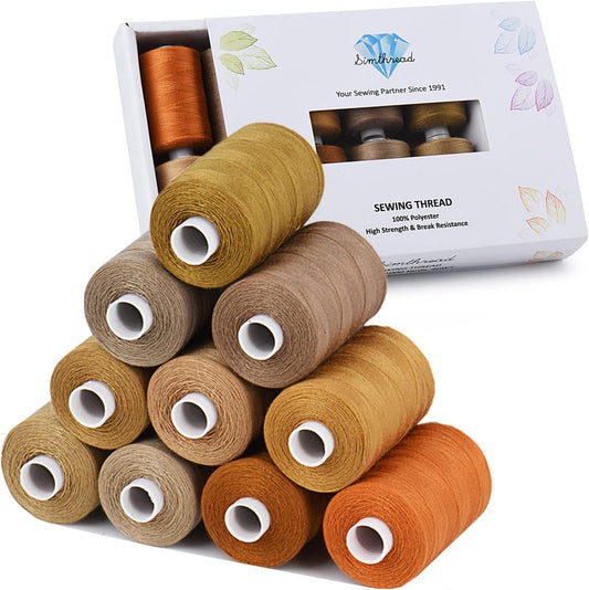 Simthread All Purpose Sewing Thread, 10 Spool Assorted Brown Series 1000 Yards Each Bobbin Polyester Thread for Sewing, Handy Polyester Sewing Threads for Sewing Machine - (Brown Series)