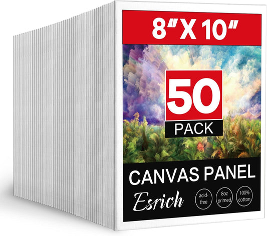 ESRICH 8x10 Canvas for Painting, 8x10 Inch Value Pack of 50, Canvas Boards for Painting, Painting Canvas for Adult & Kids-Cotton Primed Blank Canvas Panels for Oil, Watercolor, Acrylic, Tempera.