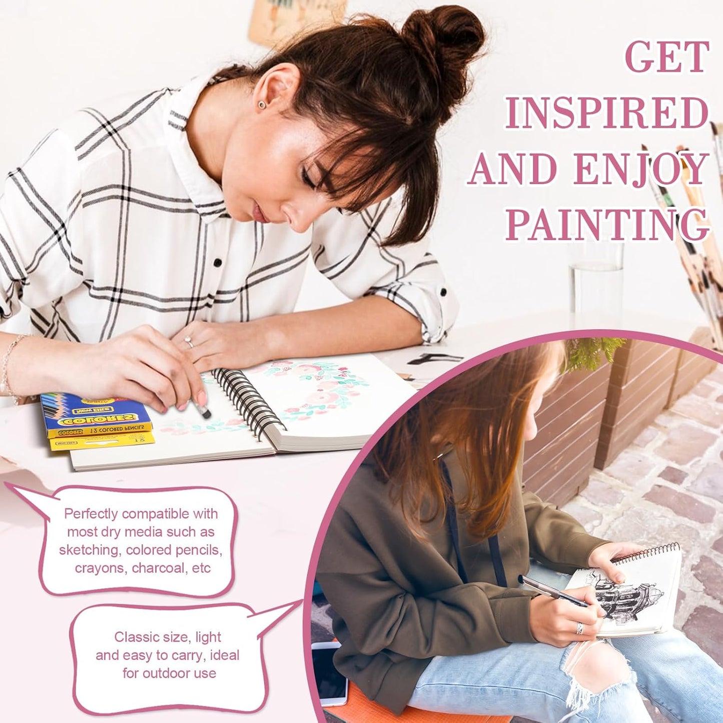 Sketch Book with 12 Color Pencil Set, 90 Sheets Spiral Sketchbook for Drawing (68lb/100gsm), Acid-Free Sketch Pad for Kids Artist, Art Paper Drawing Supplies for Gifts(Pink)