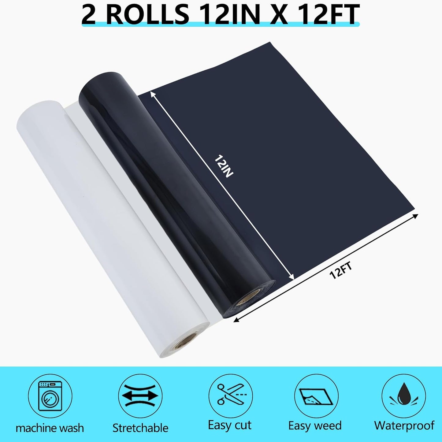 HTVVETUR Iron on Vinyl 2 Rolls 12" x 12ft HTV Black and White Heat Transfer Vinyl for T-Shirt HTV Vinyl Rolls for All Cutter Machine - Easy to Cut & Weed for Heat Transfer Design