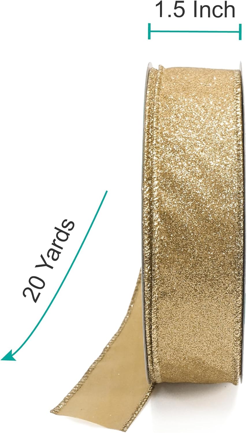 CT CRAFT LLC Glitter Wired Ribbon 1.5" x 20 Yards Light Gold for Christmas Home Decor Bow Gift Wrapping DIY Crafts Wreath