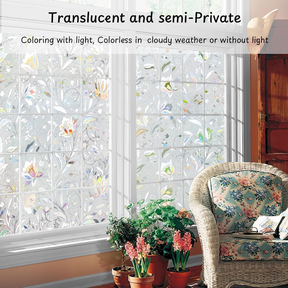 NINETREX Window Privacy Film,3D Stained Glass Window Film,Decorative Window Covering Sun Blocking Vinyl Static Cling Anti-UV Heat Control for Home Decor,Tulip 35.4 x 157.4inch